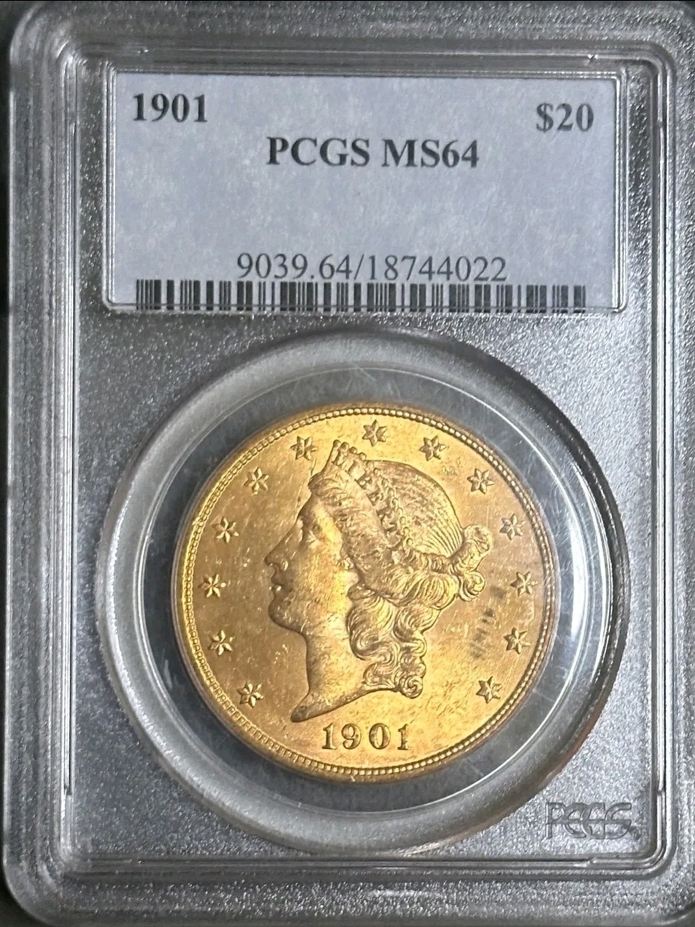 Gold 1901 $20 Liberty Head Double Eagle Coin - MS64
